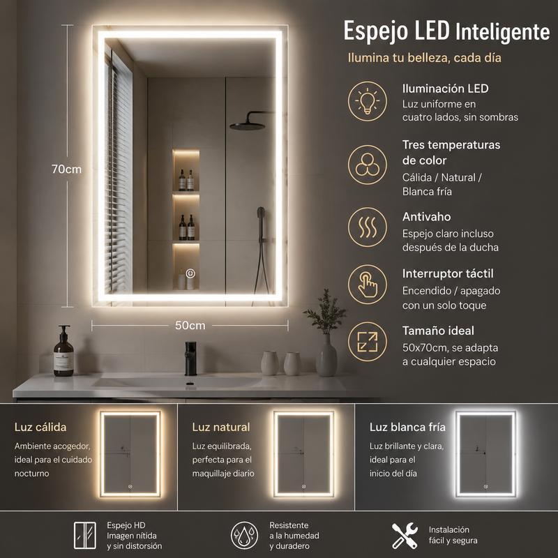 Espejo Rectangular Inteligente de Baño 50×70 cm, Cristal Templado 3,5 mm, Acabado Sandblast, Pantalla Táctil, Función Antivaho, Reloj Integrado, Tres Modos de Luz LED, Espejo de Pared con Luz LED para Baño y Tocador de Maquillaje