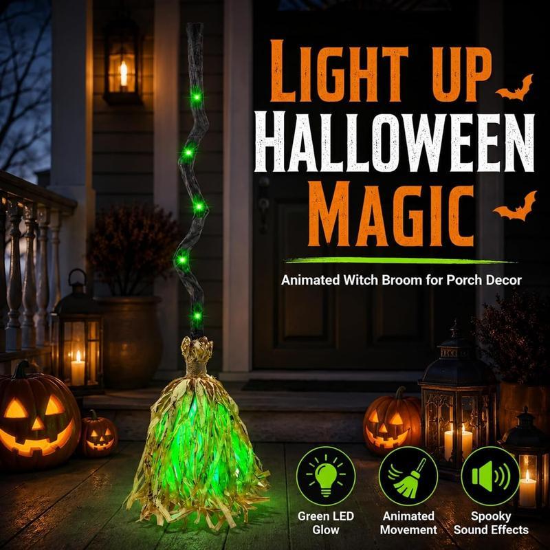 Luz de escoba de bruja para Halloween, escoba led con sonido activado, escoba dinámica de 35 pulgadas con leds, sonidos espeluznantes, decoración para interiores/ exteriores, luces led para exteriores