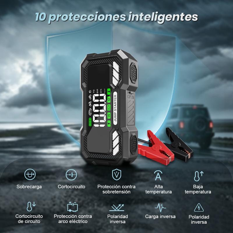 Arrancador de Batería Portátil 15000mAh con Compresor de Aire 150PSI para Auto, Moto y Emergencias
