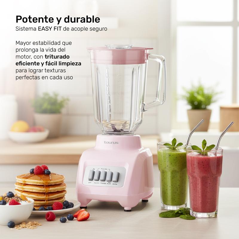 Licuadora Rosa Taurus Granite Ribbon Vaso de Vidrio 1.5L 500W , 4 Velocidades + Pulso, Smoothies, Salsas y Más Fácil y Rápido