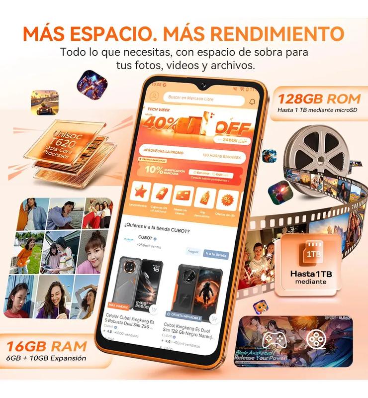 Cubot A50 Teléfono Inteligente Android 16" FHD 16GB RAM 128GB Almacenamiento 5000mAh Batería 48MP Cámara NFC Desbloqueo Facial Huella Lateral Doble SIM GPS Cuatro Satélites