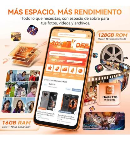 Cubot A50 Teléfono Inteligente Android 16" FHD 16GB RAM 128GB Almacenamiento 5000mAh Batería 48MP Cámara NFC Desbloqueo Facial Huella Lateral Doble SIM GPS Cuatro Satélites