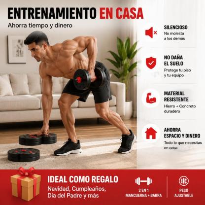 Set de Mancuernas y Barra Ajustable 2 en 1 de 20 kg, Kit de Pesas Multifuncional para Entrenamiento de Fuerza y Gimnasio en Casa, Color Rojo