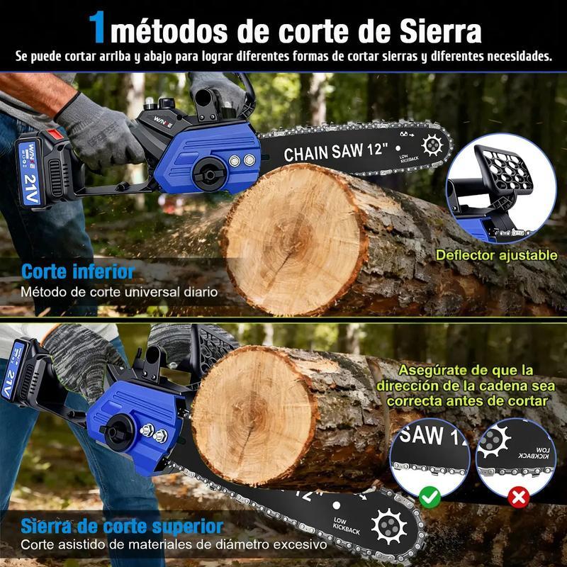 Motosierra Inalámbrica WANSE de 12\" con 2 Baterías y 5 Cadenas para Poda y Jardinería