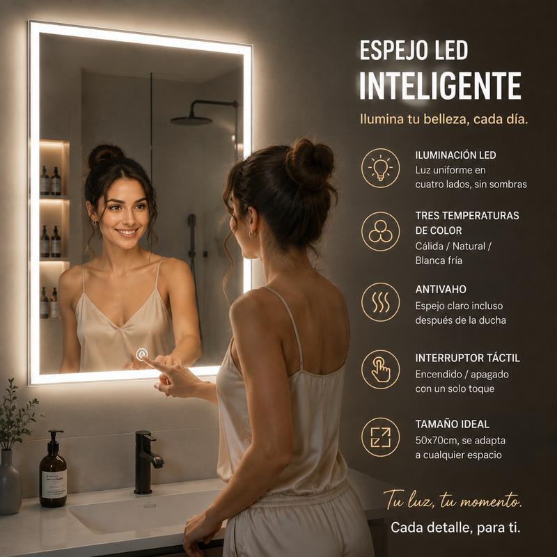 Espejo Rectangular Inteligente de Baño 50×70 cm, Cristal Templado 3,5 mm, Acabado Sandblast, Pantalla Táctil, Función Antivaho, Reloj Integrado, Tres Modos de Luz LED, Espejo de Pared con Luz LED para Baño y Tocador de Maquillaje