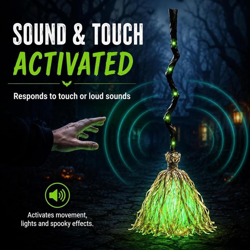 Luz de escoba de bruja para Halloween, escoba led con sonido activado, escoba dinámica de 35 pulgadas con leds, sonidos espeluznantes, decoración para interiores/ exteriores, luces led para exteriores