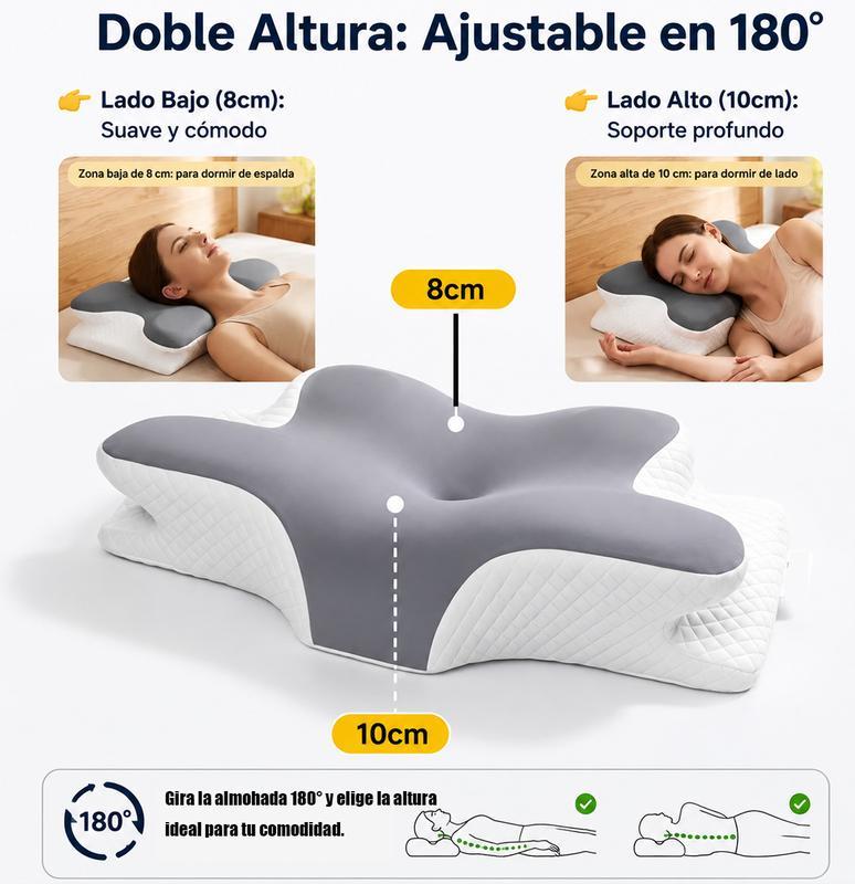 2piezas Almohada cervical de mariposa, espuma viscoelástica con doble altura , tela transpirable agradable al tacto, soporte ergonómico para el cuello para aliviar el sueño, gris y blanco
