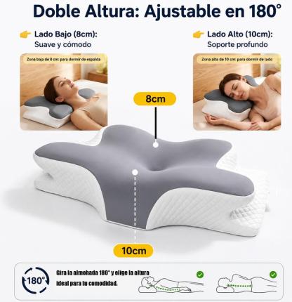 2piezas Almohada cervical de mariposa, espuma viscoelástica con doble altura , tela transpirable agradable al tacto, soporte ergonómico para el cuello para aliviar el sueño, gris y blanco