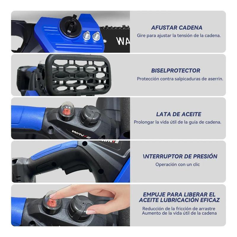 Motosierra Inalámbrica WANSE de 12\" con 2 Baterías y 5 Cadenas para Poda y Jardinería