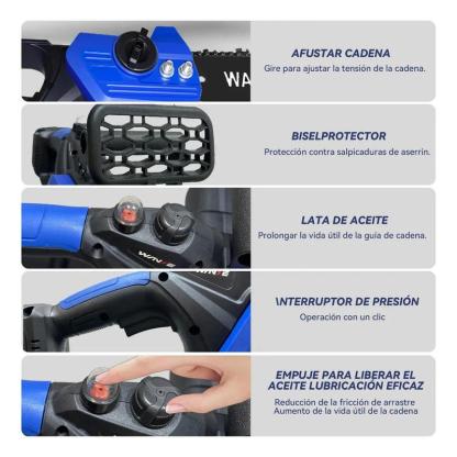 Motosierra Inalámbrica WANSE de 12\" con 2 Baterías y 5 Cadenas para Poda y Jardinería