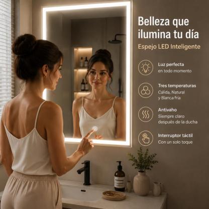 Espejo Rectangular Inteligente de Baño 50×70 cm, Cristal Templado 3,5 mm, Acabado Sandblast, Pantalla Táctil, Función Antivaho, Reloj Integrado, Tres Modos de Luz LED, Espejo de Pared con Luz LED para Baño y Tocador de Maquillaje
