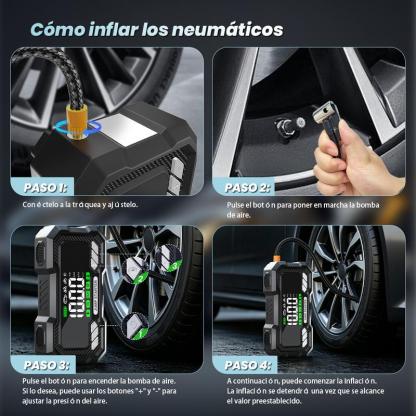 Arrancador de Batería Portátil 15000mAh con Compresor de Aire 150PSI para Auto, Moto y Emergencias
