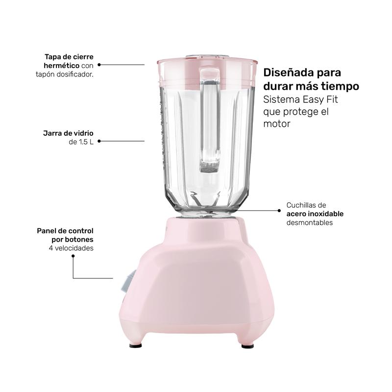 Licuadora Rosa Taurus Granite Ribbon Vaso de Vidrio 1.5L 500W , 4 Velocidades + Pulso, Smoothies, Salsas y Más Fácil y Rápido
