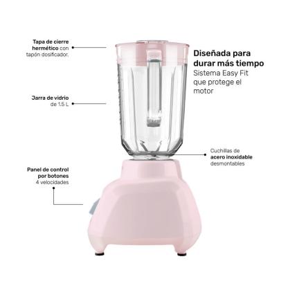 Licuadora Rosa Taurus Granite Ribbon Vaso de Vidrio 1.5L 500W , 4 Velocidades + Pulso, Smoothies, Salsas y Más Fácil y Rápido