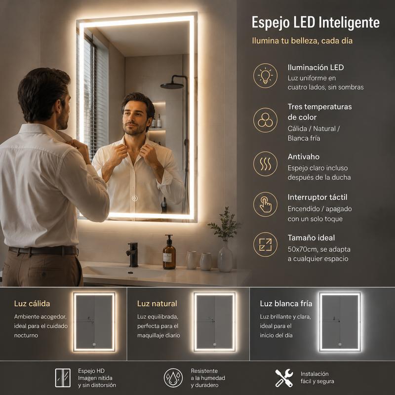 Espejo Rectangular Inteligente de Baño 50×70 cm, Cristal Templado 3,5 mm, Acabado Sandblast, Pantalla Táctil, Función Antivaho, Reloj Integrado, Tres Modos de Luz LED, Espejo de Pared con Luz LED para Baño y Tocador de Maquillaje