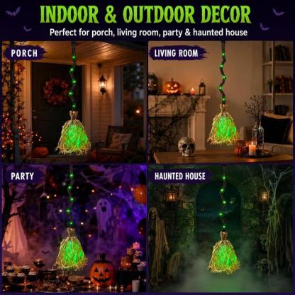Luz de escoba de bruja para Halloween, escoba led con sonido activado, escoba dinámica de 35 pulgadas con leds, sonidos espeluznantes, decoración para interiores/ exteriores, luces led para exteriores