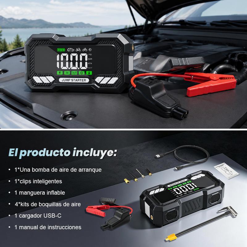 Arrancador de Batería Portátil 15000mAh con Compresor de Aire 150PSI para Auto, Moto y Emergencias