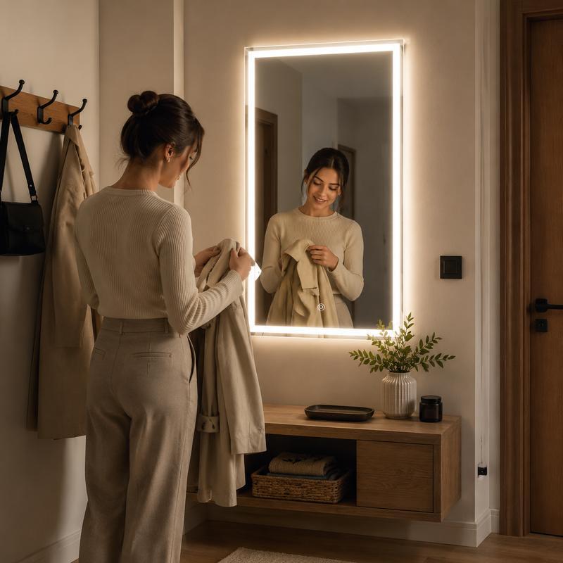 Espejo Rectangular Inteligente de Baño 50×70 cm, Cristal Templado 3,5 mm, Acabado Sandblast, Pantalla Táctil, Función Antivaho, Reloj Integrado, Tres Modos de Luz LED, Espejo de Pared con Luz LED para Baño y Tocador de Maquillaje