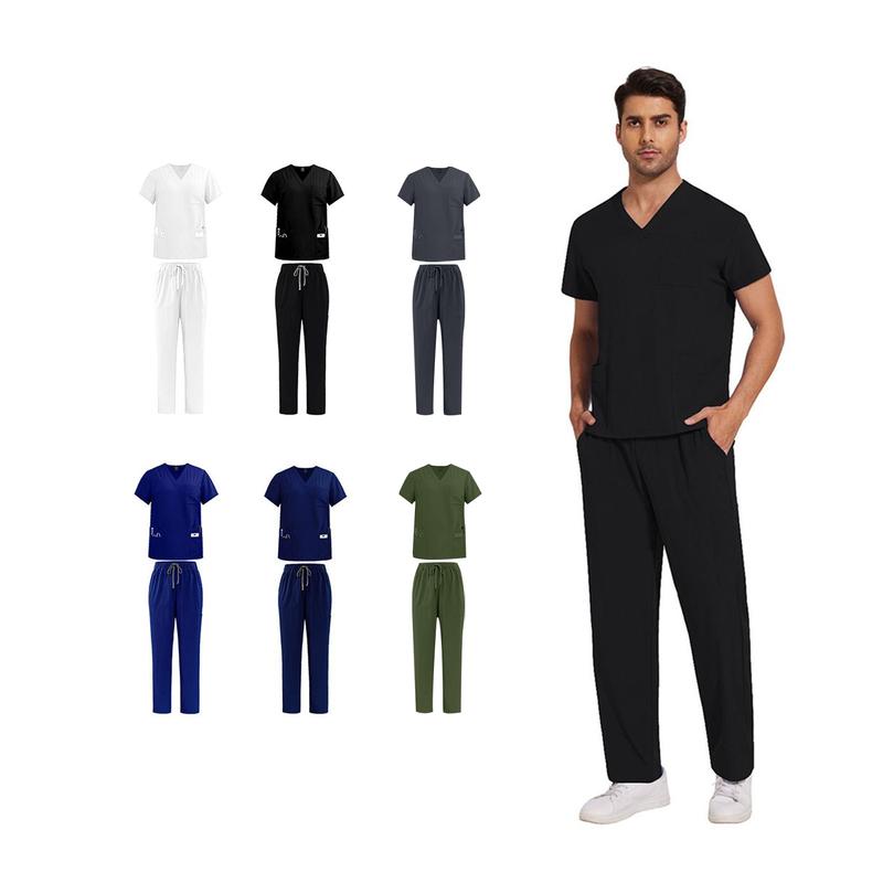 JELRISOFIT Conjunto Médico Hombre Antifluidos, Uniforme de Trabajo con Camisa Cuello V, Tela Elástica y Transpirable, 4 Bolsillos Funcionales, Pantalón Jogger con Bolsas Cargo, Ropa Profesional Cómoda para Clínica, Laboratorio, Enfermero Camiseta Interior