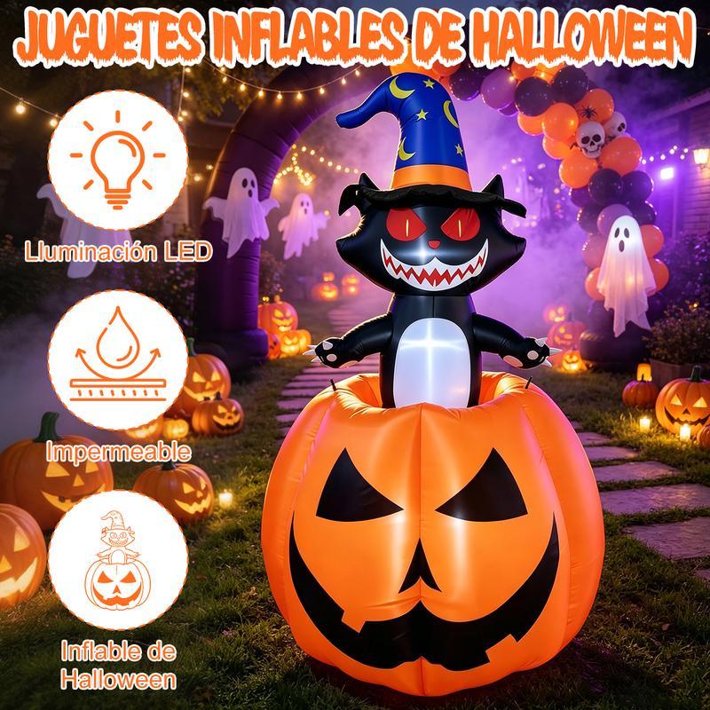 Inflable de Halloween 1.8M, Gato Bruja con Calabaza y Luz LED, Decoración Inflable con Movimiento Arriba y Abajo, Adorno para Exterior, Patio, Jardín y Césped