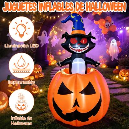 Inflable de Halloween 1.8M, Gato Bruja con Calabaza y Luz LED, Decoración Inflable con Movimiento Arriba y Abajo, Adorno para Exterior, Patio, Jardín y Césped