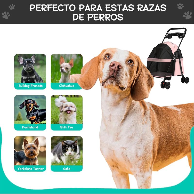 Carriola para Mascotas Plegable con Ruedas, Carrito Portátil para Perros, Gatos y Conejos, con Ventilación de Malla, Diseño Ligero y Cómodo, Ideal para Paseos y Viajes. Colores: Negro, Rosa, Gris y Azul