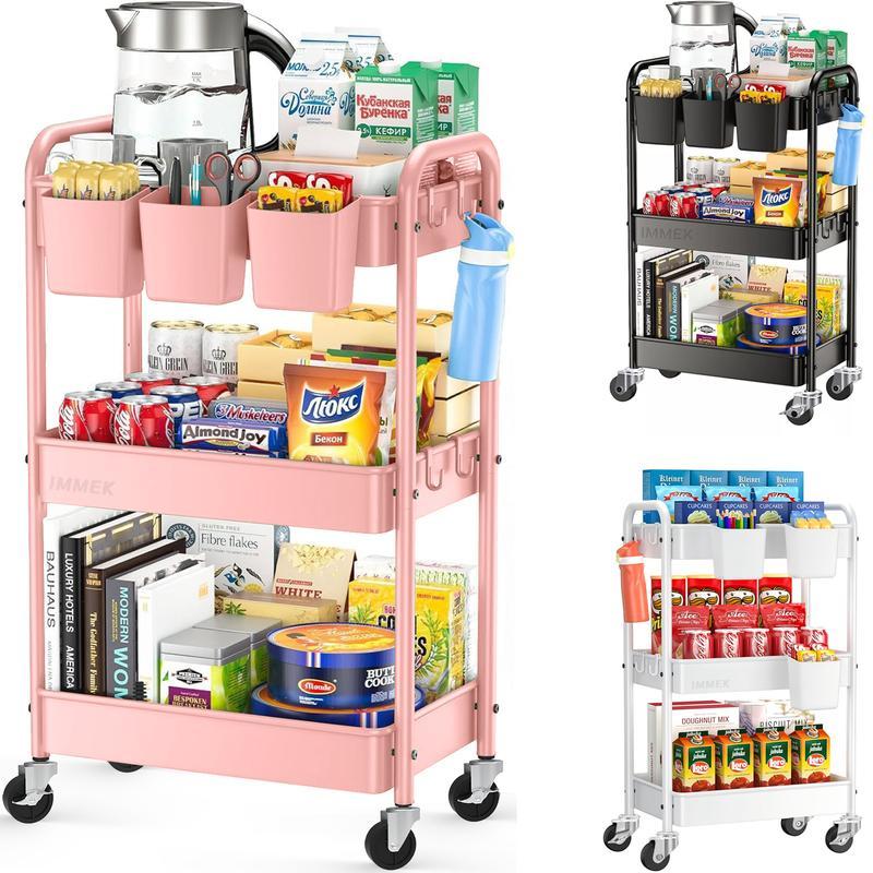 3er/4to piso Carrito de Servicio Multifuncional con 2/3 Compartimentos y 4 Ganchos Almacenamiento de Metal Resistente Fácil de Montar Ideal para Oficina Cocina Baño y Salón