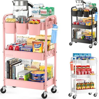 3er/4to piso Carrito de Servicio Multifuncional con 2/3 Compartimentos y 4 Ganchos Almacenamiento de Metal Resistente Fácil de Montar Ideal para Oficina Cocina Baño y Salón