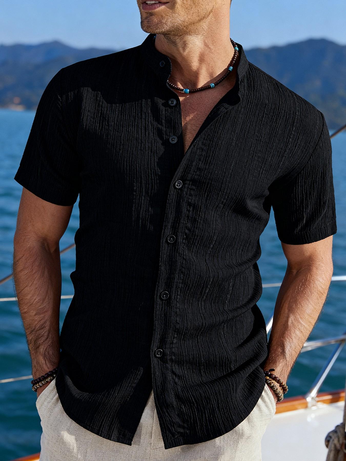 Paquete de 3 camisas para hombre de verano con manga corta — ligeras y transpirables, color sólido, abotonada, cuello alto, diseño de cuello bajo; ideales para vacaciones playas, fiestas junto piscina y atuendo casual; camisa playa, regalo para esposo.