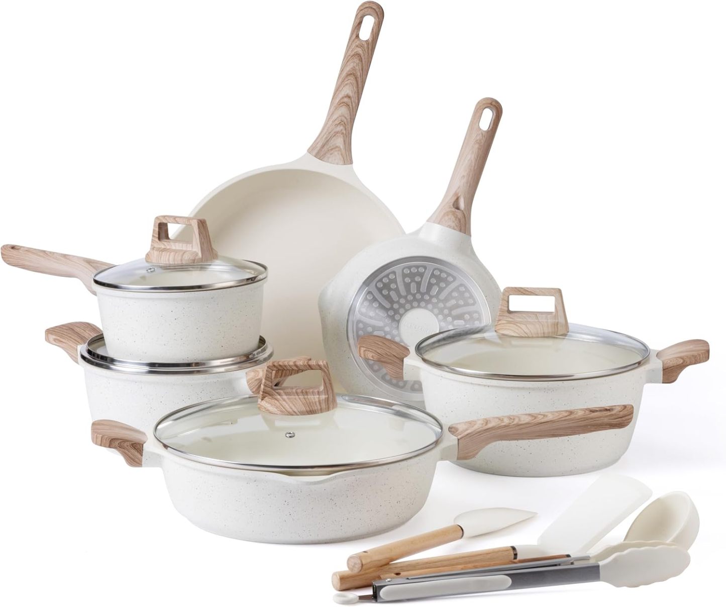 Juego de utensilios de cocina Sweetcrispy de 25 piezas: robusto, antiadherente y con acabado cerámico tipo granito; accesorios de aluminio ligero con tapas de vidrio y asas de tacto frío; ollas y sartenes compatibles con inducción para una cocina saludabl