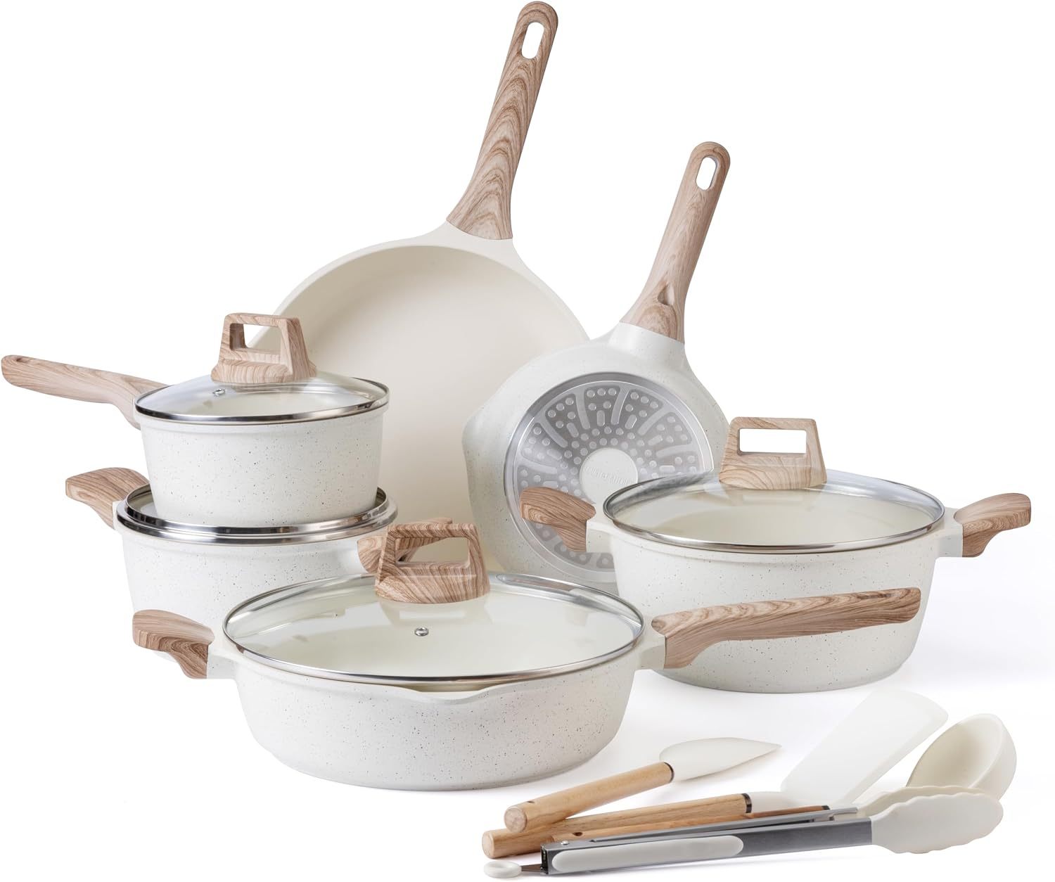 Juego de utensilios de cocina Sweetcrispy de 25 piezas: robusto, antiadherente y con acabado cerámico tipo granito; accesorios de aluminio ligero con tapas de vidrio y asas de tacto frío; ollas y sartenes compatibles con inducción para una cocina saludabl