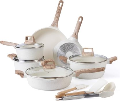 Juego de utensilios de cocina Sweetcrispy de 25 piezas: robusto, antiadherente y con acabado cerámico tipo granito; accesorios de aluminio ligero con tapas de vidrio y asas de tacto frío; ollas y sartenes compatibles con inducción para una cocina saludabl
