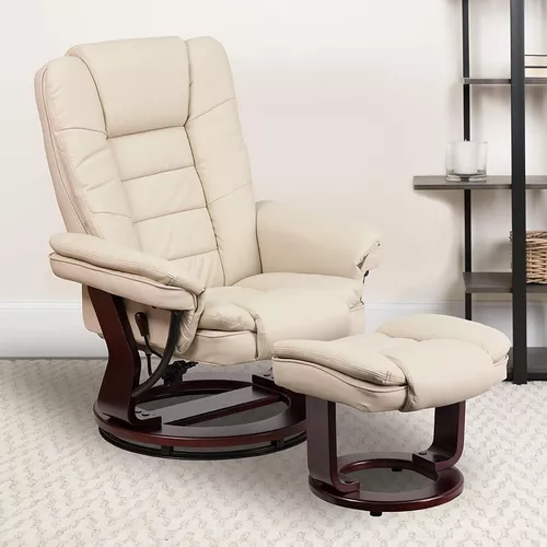 Sillón Reclinable Y Otomano De Cuero Beige Flash