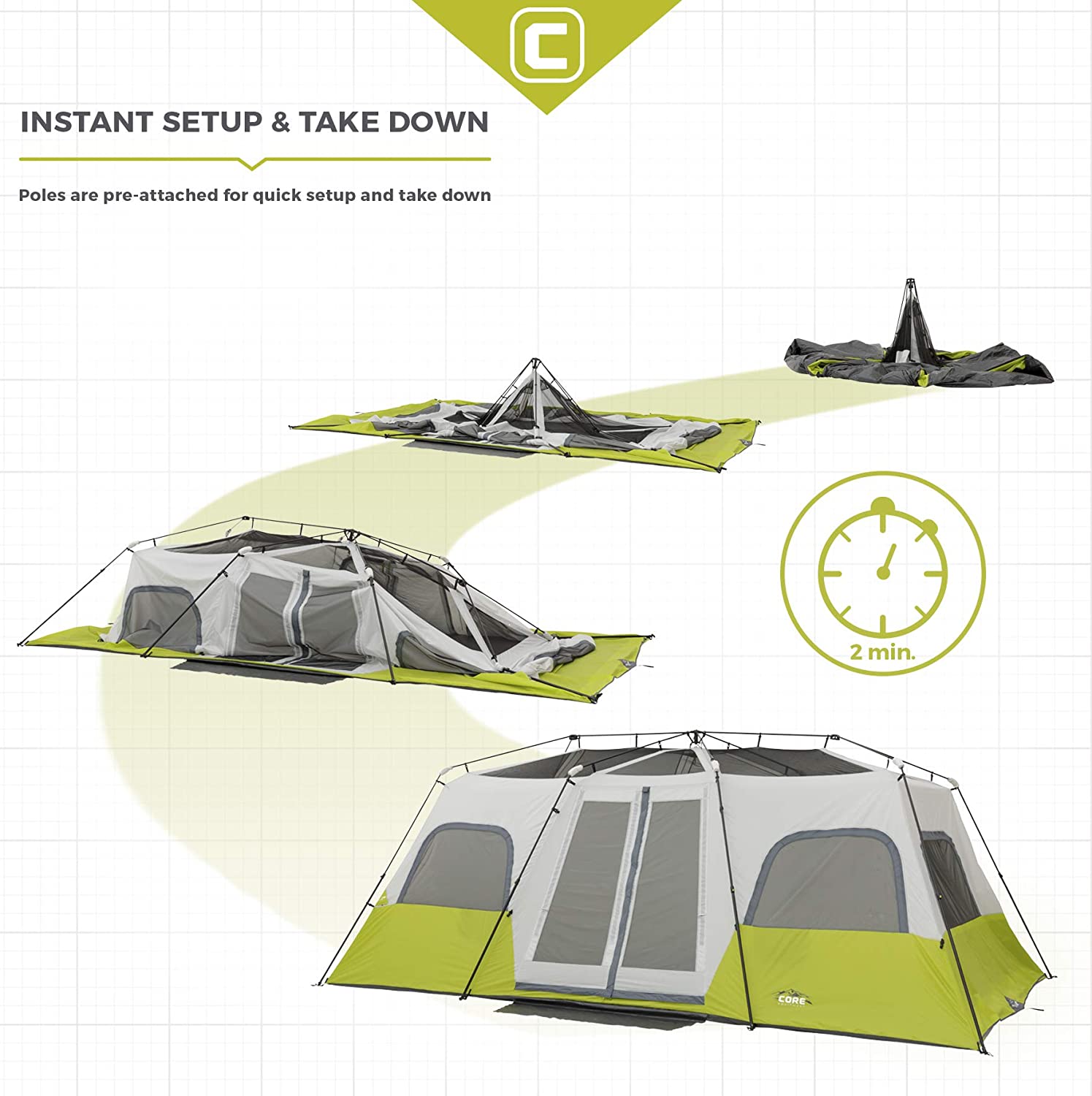 CORE - Tienda de campaña instantánea para 12 personas | Tienda de campaña enorme de 3 habitaciones para familia con bolsillos de almacenamiento para accesorios de camping, tienda de campaña grande