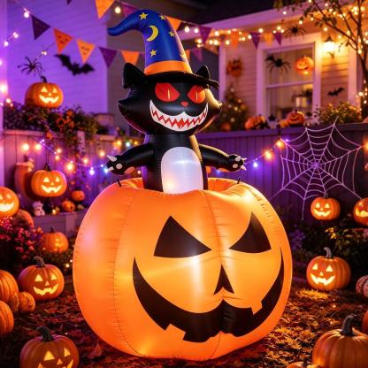 Inflable de Halloween 1.8M, Gato Bruja con Calabaza y Luz LED, Decoración Inflable con Movimiento Arriba y Abajo, Adorno para Exterior, Patio, Jardín y Césped