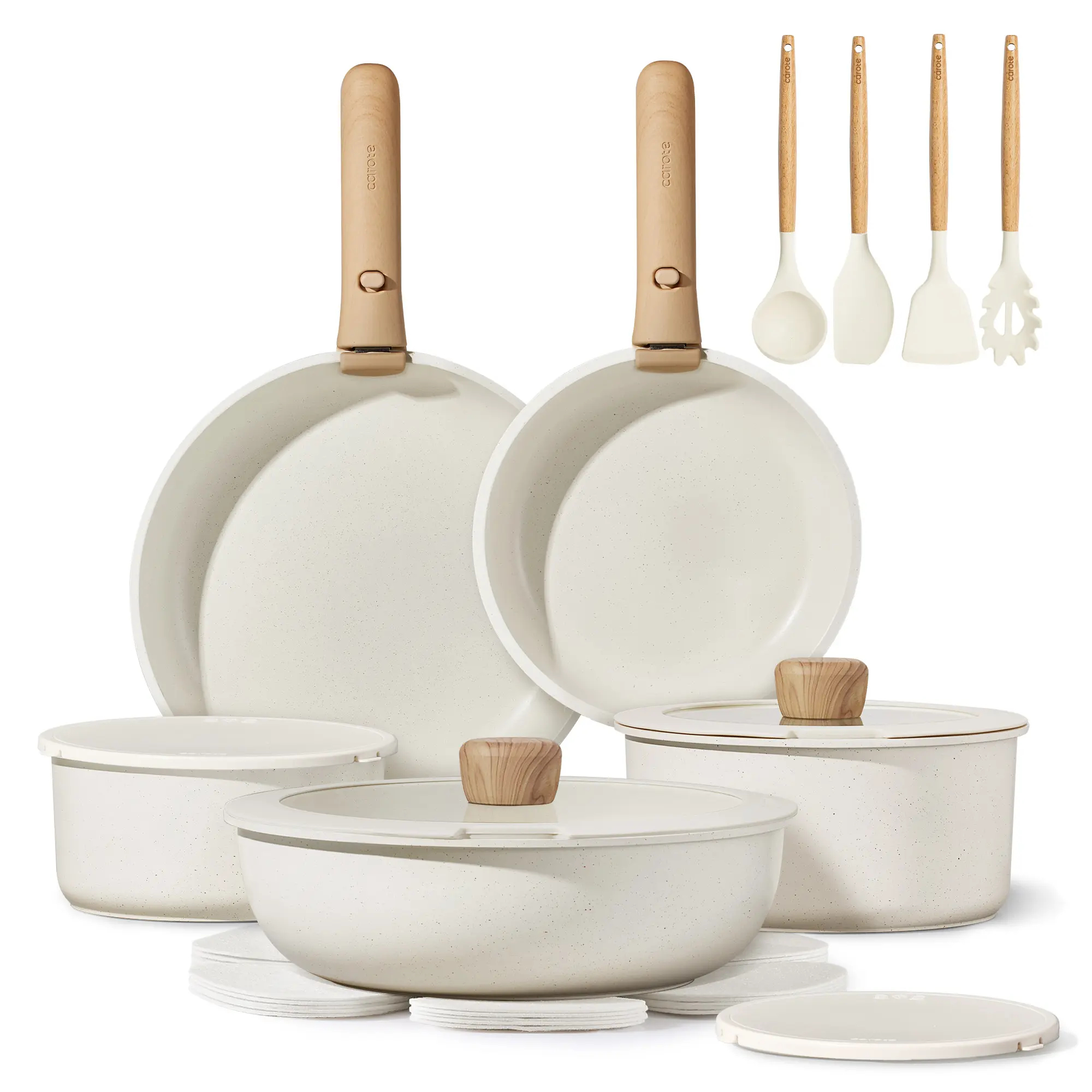 CAROTE 19/22/26pcs Pots and Pans Non Stick, Wooden Detachable Handle, Cookware Sets Induction Kitchen Pots and Pans,NonStick Cooking Set, Oven/Dishwasher/Fridge Safe, Space Saving