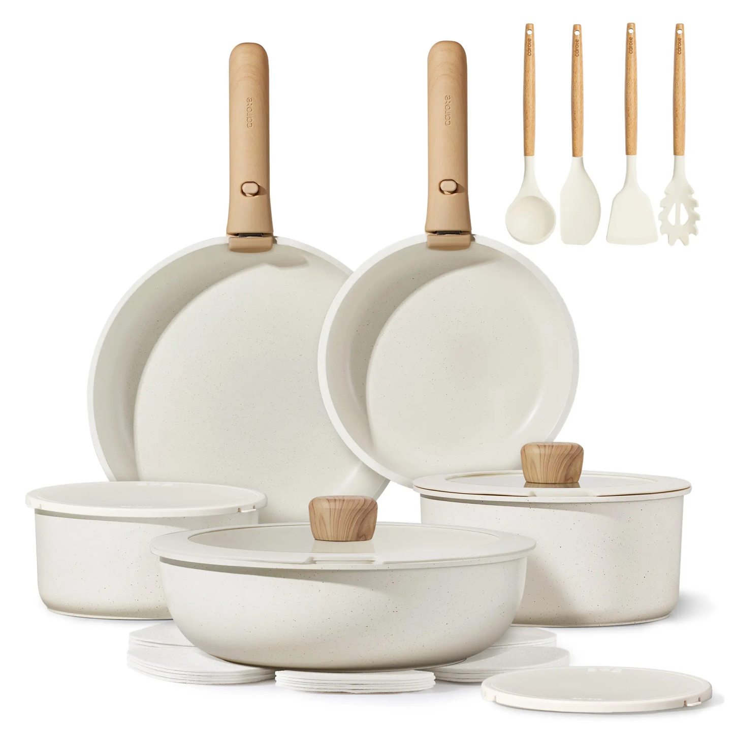CAROTE 19/22/26pcs Pots and Pans Non Stick, Wooden Detachable Handle, Cookware Sets Induction Kitchen Pots and Pans,NonStick Cooking Set, Oven/Dishwasher/Fridge Safe, Space Saving