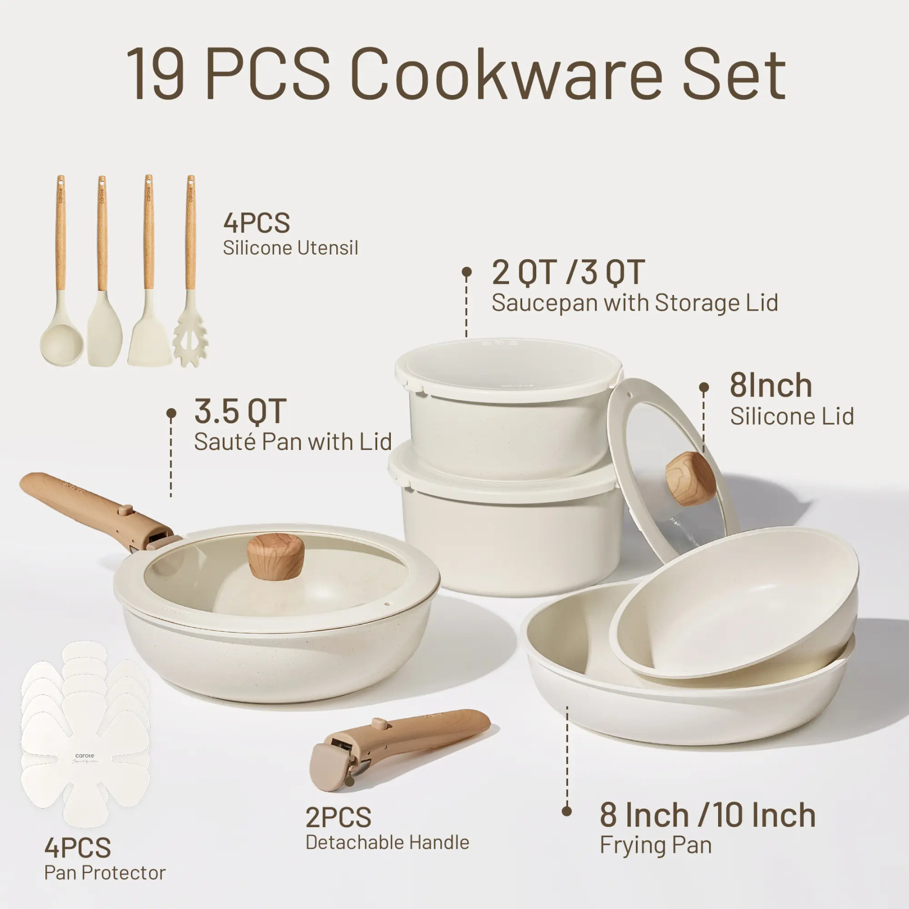 CAROTE 19/22/26pcs Pots and Pans Non Stick, Wooden Detachable Handle, Cookware Sets Induction Kitchen Pots and Pans,NonStick Cooking Set, Oven/Dishwasher/Fridge Safe, Space Saving