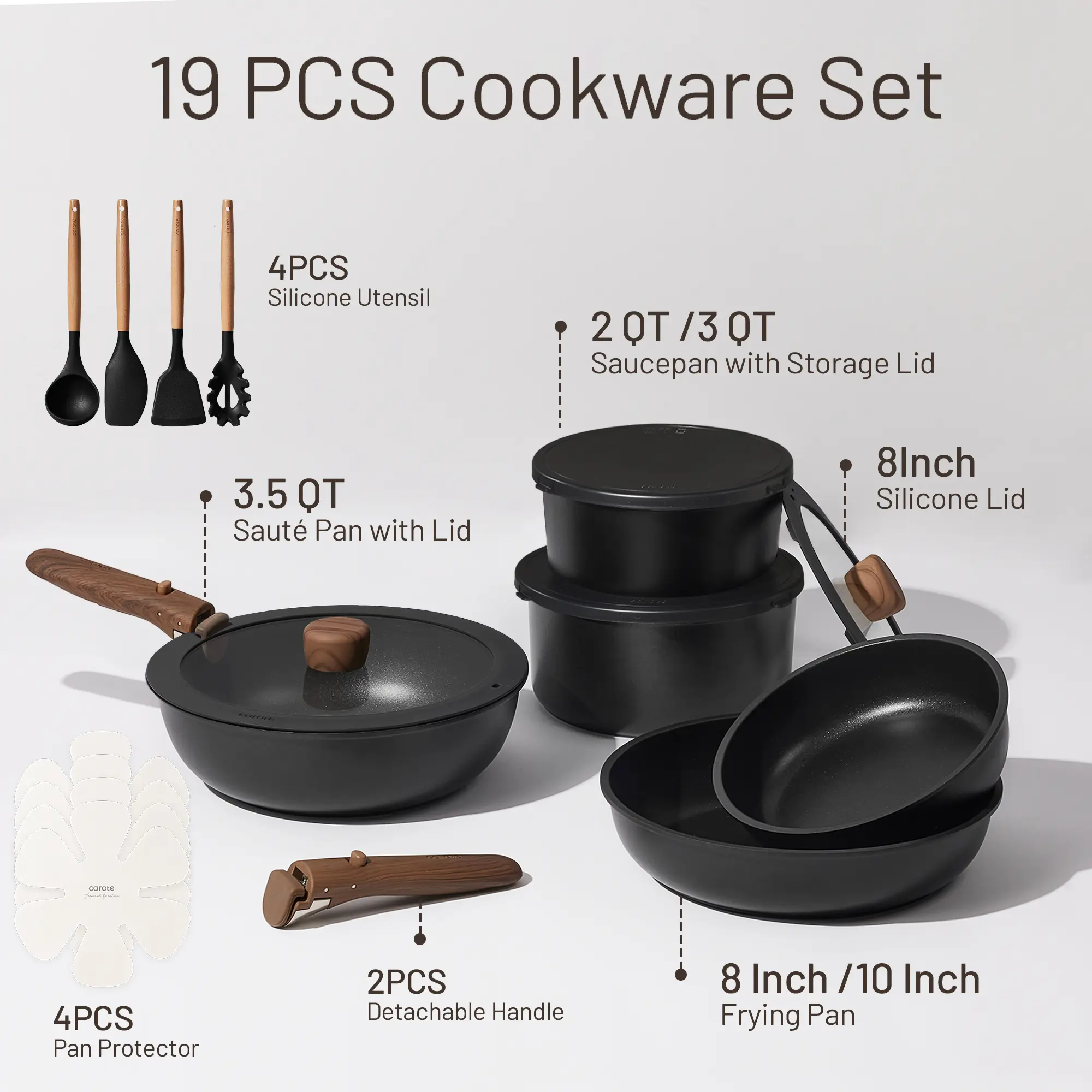 CAROTE 19/22/26pcs Pots and Pans Non Stick, Wooden Detachable Handle, Cookware Sets Induction Kitchen Pots and Pans,NonStick Cooking Set, Oven/Dishwasher/Fridge Safe, Space Saving