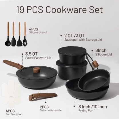 CAROTE 19/22/26pcs Pots and Pans Non Stick, Wooden Detachable Handle, Cookware Sets Induction Kitchen Pots and Pans,NonStick Cooking Set, Oven/Dishwasher/Fridge Safe, Space Saving