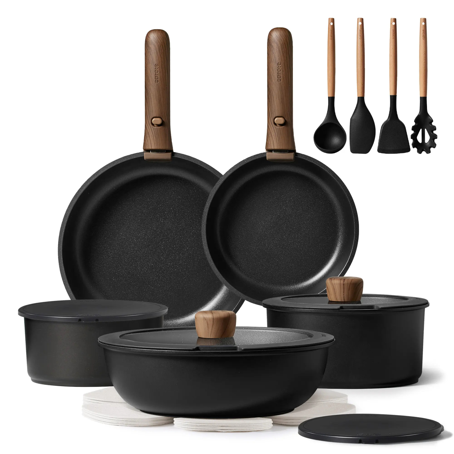 CAROTE 19/22/26pcs Pots and Pans Non Stick, Wooden Detachable Handle, Cookware Sets Induction Kitchen Pots and Pans,NonStick Cooking Set, Oven/Dishwasher/Fridge Safe, Space Saving