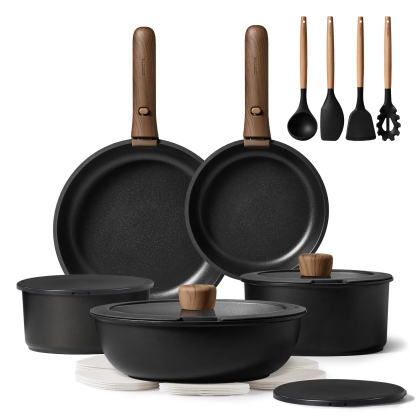 CAROTE 19/22/26pcs Pots and Pans Non Stick, Wooden Detachable Handle, Cookware Sets Induction Kitchen Pots and Pans,NonStick Cooking Set, Oven/Dishwasher/Fridge Safe, Space Saving