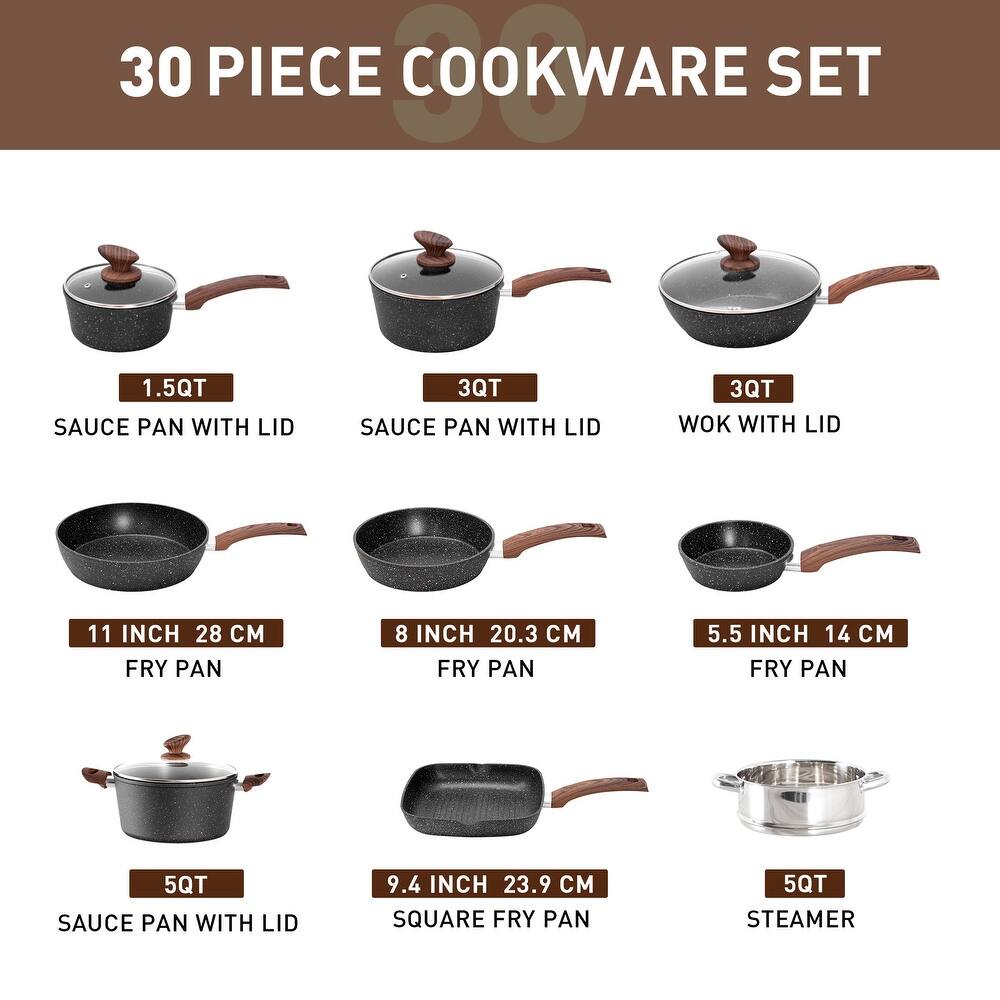 Juego de utensilios de cocina Sweetcrispy de 25 piezas: robusto, antiadherente y con acabado cerámico tipo granito; accesorios de aluminio ligero con tapas de vidrio y asas de tacto frío; ollas y sartenes compatibles con inducción para una cocina saludabl