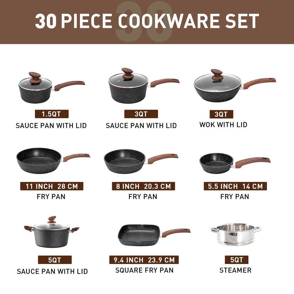 Juego de utensilios de cocina Sweetcrispy de 25 piezas: robusto, antiadherente y con acabado cerámico tipo granito; accesorios de aluminio ligero con tapas de vidrio y asas de tacto frío; ollas y sartenes compatibles con inducción para una cocina saludabl