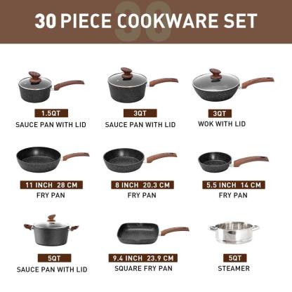 Juego de utensilios de cocina Sweetcrispy de 25 piezas: robusto, antiadherente y con acabado cerámico tipo granito; accesorios de aluminio ligero con tapas de vidrio y asas de tacto frío; ollas y sartenes compatibles con inducción para una cocina saludabl