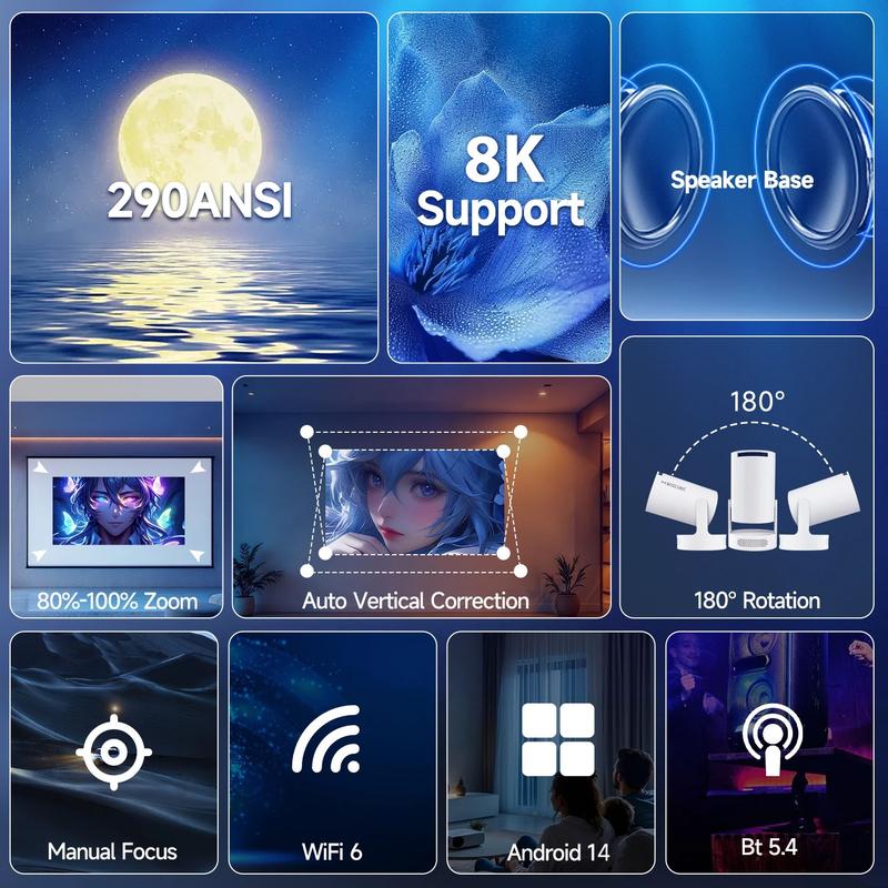 Magcubic HY300Pro+ Proyector Android 14.0 290ANSI Dual WiFi6 Soporta fuentes de video 8K Nativa 1280 x 720P relación de proyección corta de 0.8:1 BT5.4 altavoz integrado y App Store Allwinner H726, inteligente miniproyector portátil para cine en casa #Ven