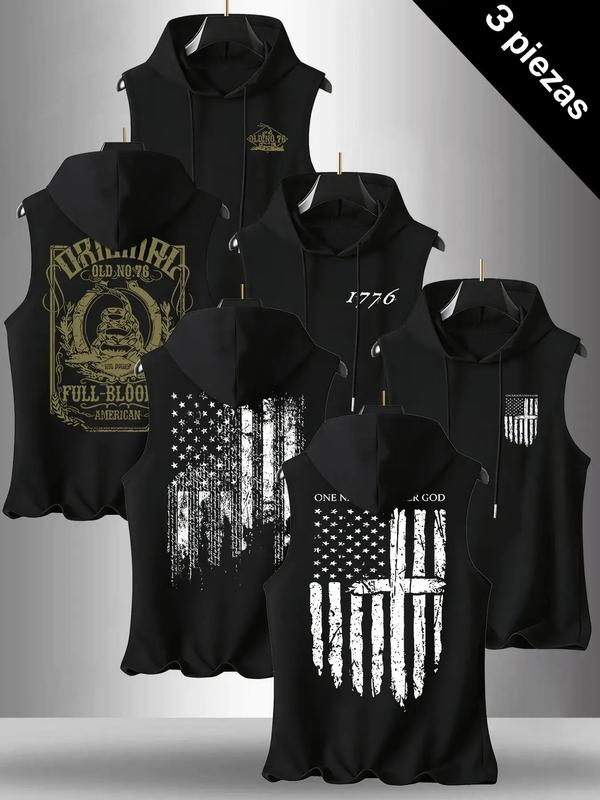 Men's 3-Pack Flag Series Graphic Print Round Neck Sleeveless T-Shirt, Casual Comfortable Hooded Vest, Summer Outdoor Fitness Wear