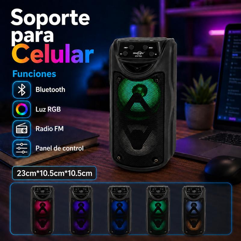 Bocina Bluetooth Portátil Doble 3″ x 2 con Luz LED RGB, Radio FM, USB, Micro SD (Hasta 32 GB), Controles Integrados e Incluye Cable de Carga V8/USB