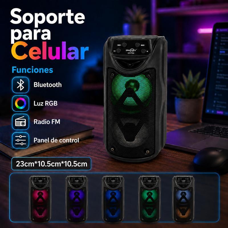 Bocina Bluetooth Portátil Doble 3″ x 2 con Luz LED RGB, Radio FM, USB, Micro SD (Hasta 32 GB), Controles Integrados e Incluye Cable de Carga V8/USB