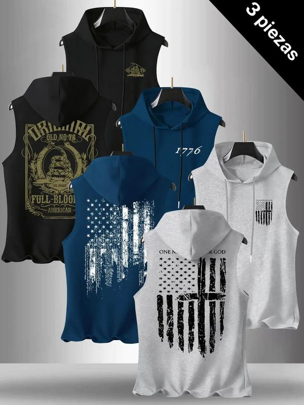 Men's 3-Pack Flag Series Graphic Print Round Neck Sleeveless T-Shirt, Casual Comfortable Hooded Vest, Summer Outdoor Fitness Wear
